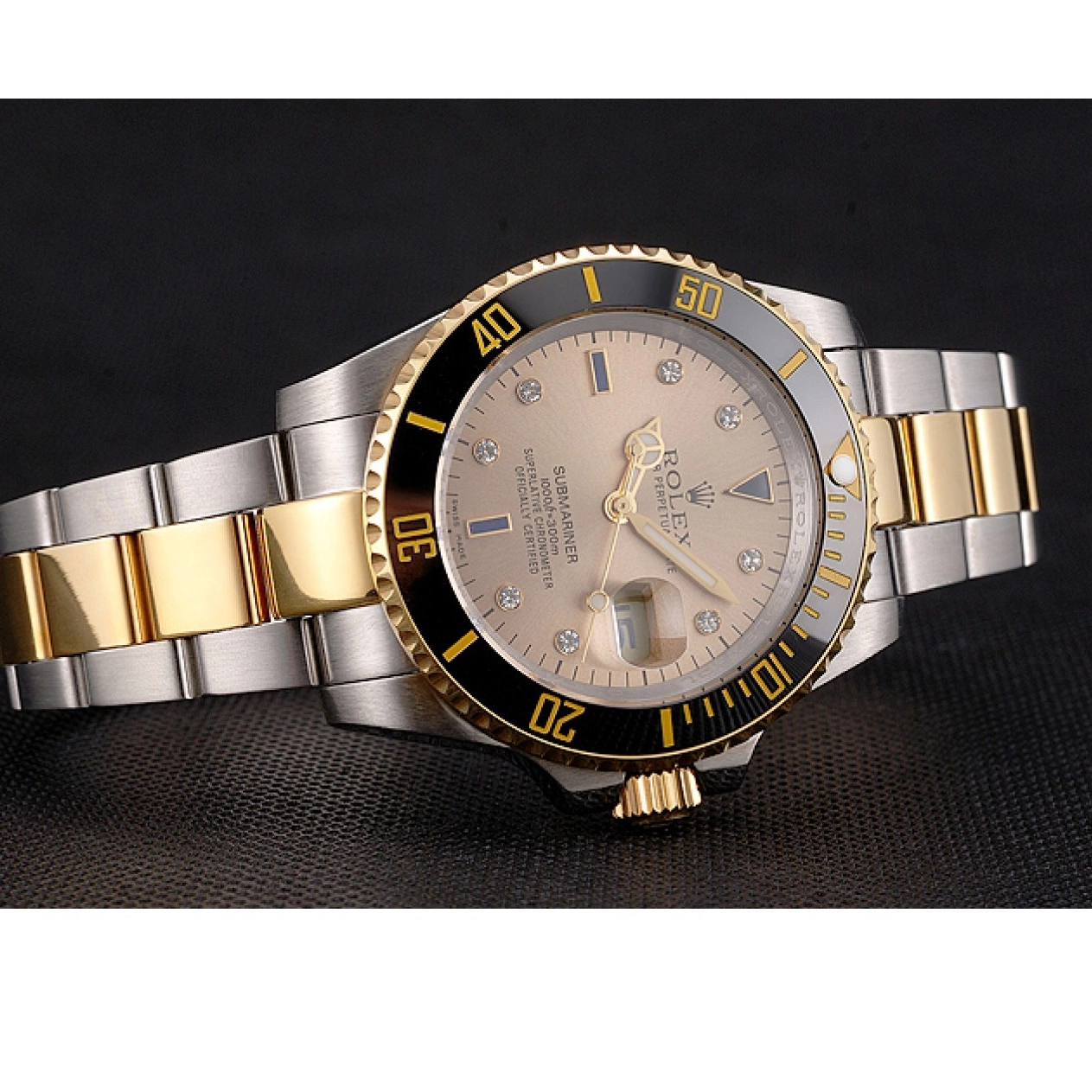 Rolex aaa copy Steel Tone Diamond Dial Gold Swiss Gold Black Bezel Markings Bracelet Submariner Rolex Two 0729
